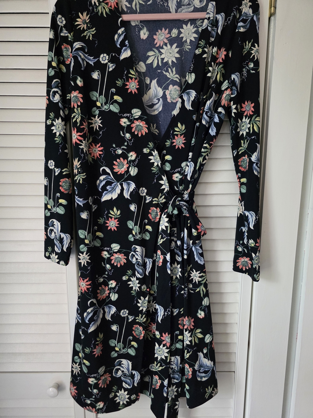 Ann Taylor Black Floral Wrap Dress with Coral, Mint & Light Blue Flowers